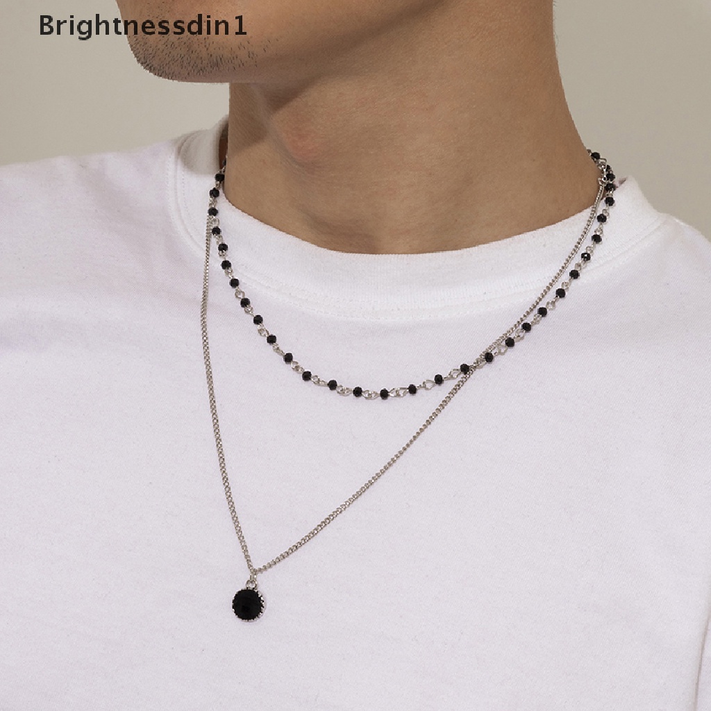 [Brightnessdin1] Kalung Mutiara Dua Lapis Sederhana Pria Liontin Berlian Imitasi Hitam Untuk Aksesoris Perhiasan Rantai Pria Butik