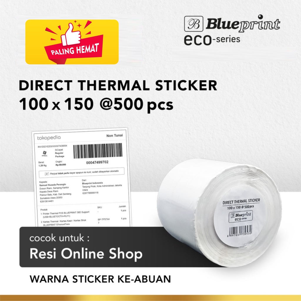 

Blueprint Eco 100x150 isi 500 Direct Thermal Sticker Label A6 100 x 150 Resi Barcode Pengiriman