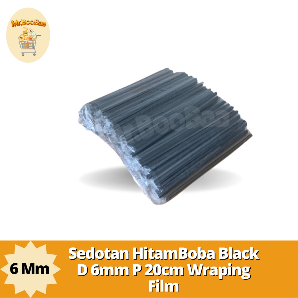Sedotan BB 620 WF ( Boba Black D 6mm P 20cm Wraping Film/plastik bening)Sedotan Hitam Runcing Plasti