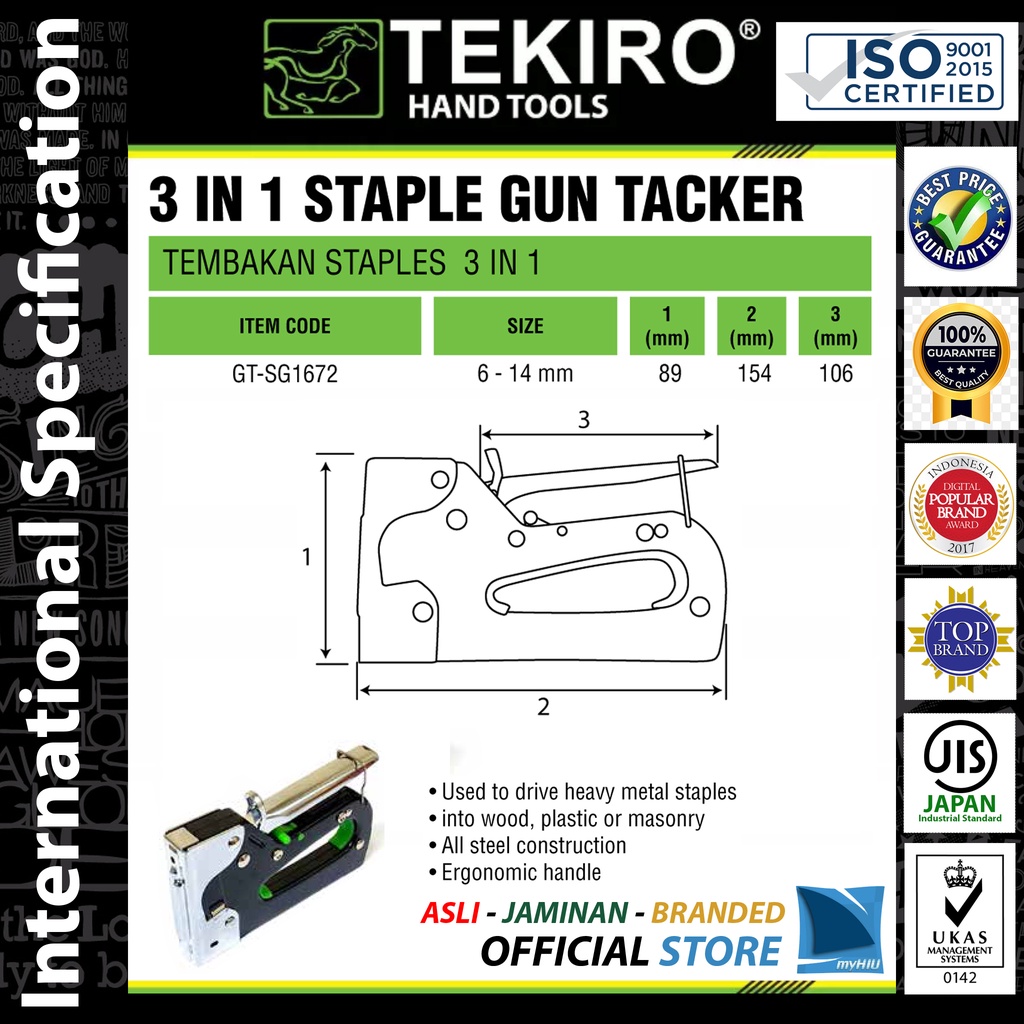 Staples Tembak 3 In 1 Industrial / Jegrekan / Hekter / Pengokot / Gun Tracker Heavy Duty TEKIRO