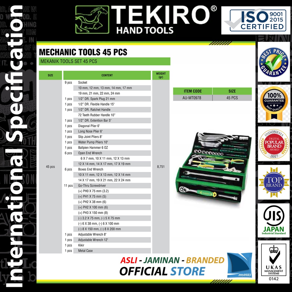 Perkakas Mekanik Isi 45 pcs Montir Mobil / Mechanic Tools Professional TEKIRO