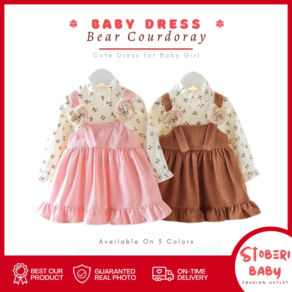 PUNCAK 3.3 stoberibaby - DRESS BEAR COURDORAY SHN EBV Baju Dress Anak Perempuan Import Dress Bayi Cewek 0-5 Tahun Gaun Bayi