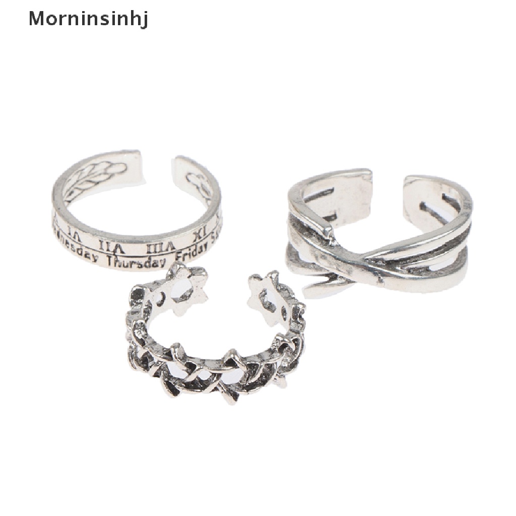 Mornin 3Pcs/set Hexagram Angka Romawi Open Ring Adjustable Cincin Pasangan Punk Ring id