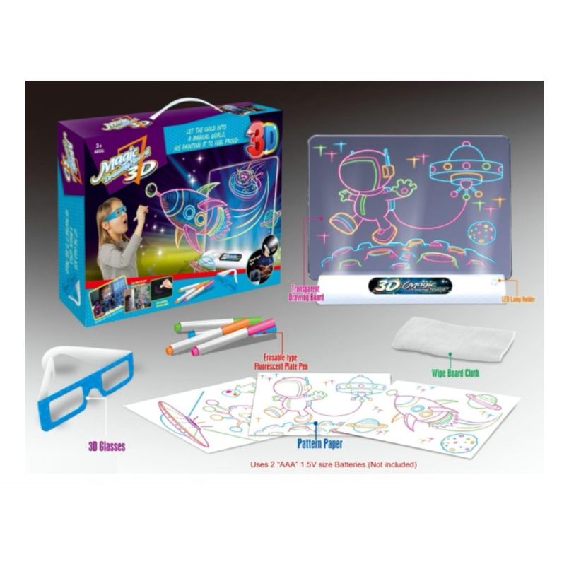 Mainan Anak 3D MAGIC DRAWING BOARD Papan Tulis Ajaib Lampu LED Drawing