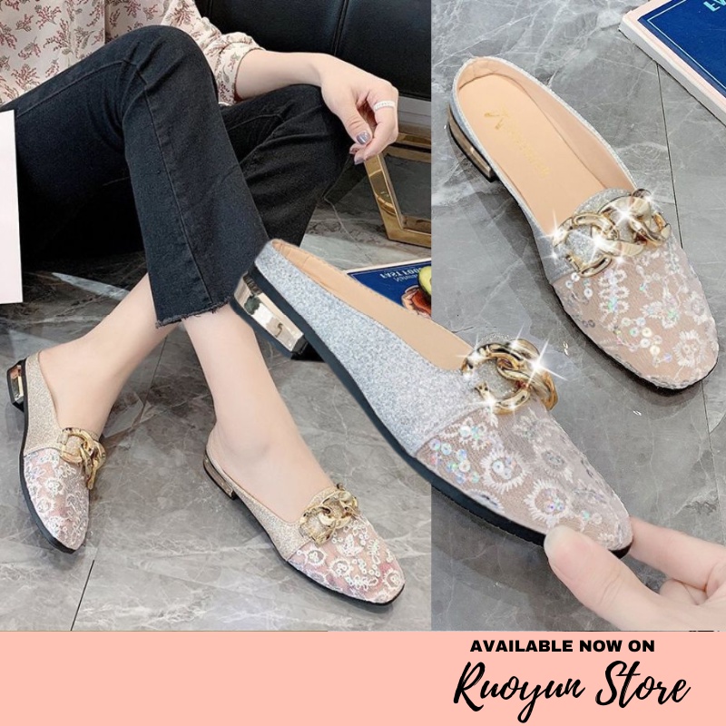 RYX - Glittery Evelyne Sepatu Heels Rendah Slip-On Wanita Fashion Casual / Pesta - Ori Import