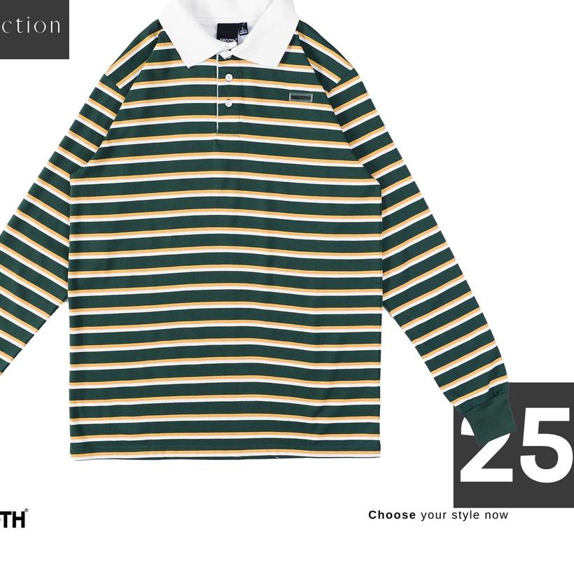 ♡ SMOOTH BASIC Vintage Rugby Polo Shirt - Striped Green ✧