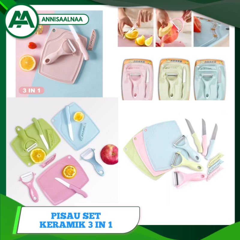 PISAU KERAMIK SET 3 IN 1 / Pisau set Ceramic Keramik / Pisau Set Keramik 3 in 1 / Talenan Set Knife