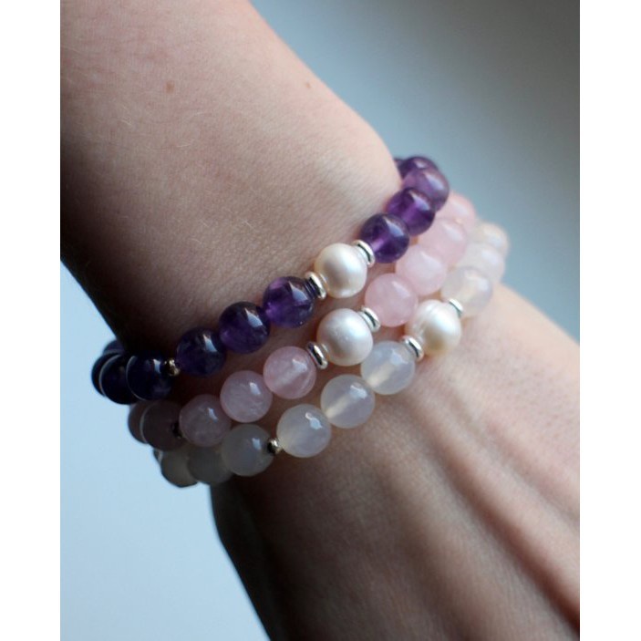 Rose Quartz Wrist Mala Freshwater Pearl Beads Yoga Bracelet Spiritual Jewelry