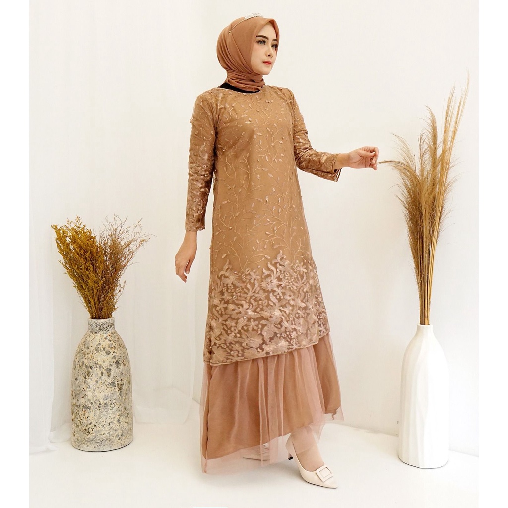 (Full Tile Brukat) Gamis Arini Full Tile Bordir Mutiara Glitter Brukat Tulle Brokat Maxi Dress Pesta