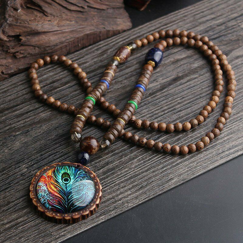 Kalung Klavikula Keberuntungan Cina Elegan Buddha Mala Manik-Manik Kayu Liontin Kalung Pesona Kalung Panjang Retro Wanita Pria Buatan Tangan Perhiasan Aksesoris Sweater Sederhana Pesona Kalung
