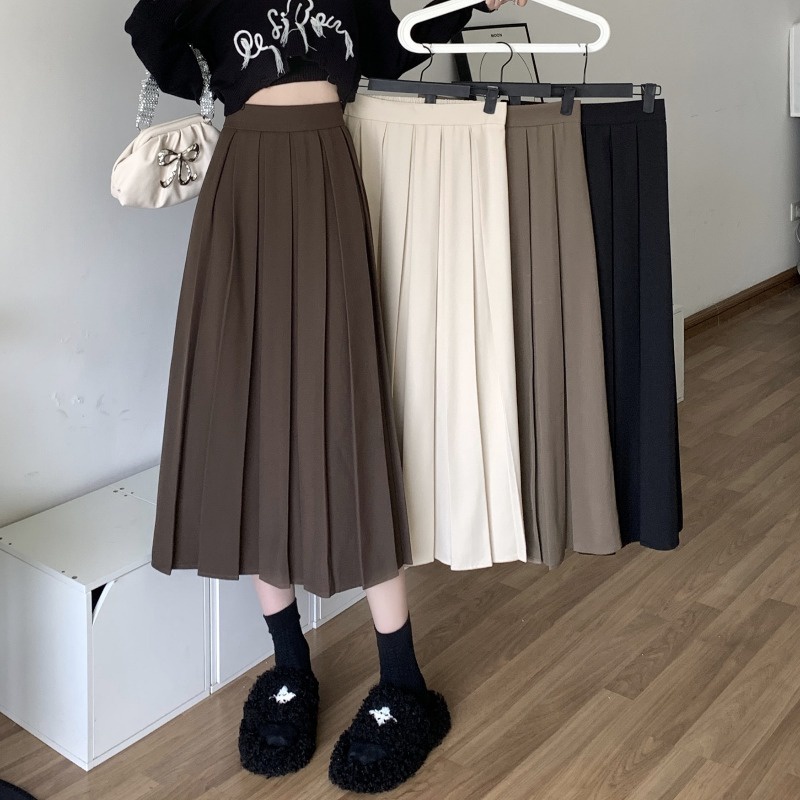 Wanita Kopi Lipit Rok  Baju    Pinggang Tinggi A-Line Rok Panjang Rok 2022