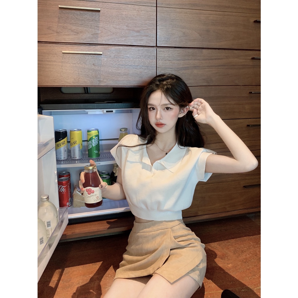 Kaos Polo Rajut Lengan Pendek Wanita T-shirt Knit Crop Top Korean Style