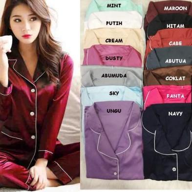 Paling Diminati JNV Piyama PP Wanita Motif Satin Velvet / Polos - Baju Tidur Lengan Panjang - Bahan 