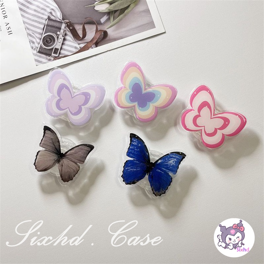 Ready Stock Fashion Fantasy Hitam Kupu-Kupu Bracket Phone Grip Ins Korea Holder Ring Lazy Bracket Kompatibel Untuk iPhone Android Universal Scalable Phone Stand Holder