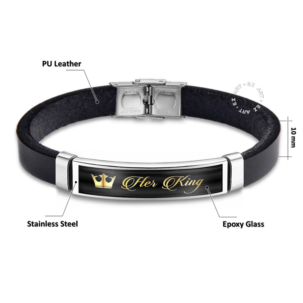 GELANG CUSTOM COUPLE KING QUEEN KULIT PLAT STAINLESS STEEL BISA REQUEST NAMA TULISAN CLASSIC ELEGAN PRIA WANITA
