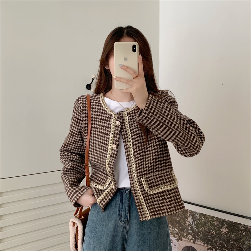 2 warna Korean Style Jaket  Lengan Panjang Wanita Terbaru Outer Crop Kotak-kotak Atasan Wanita