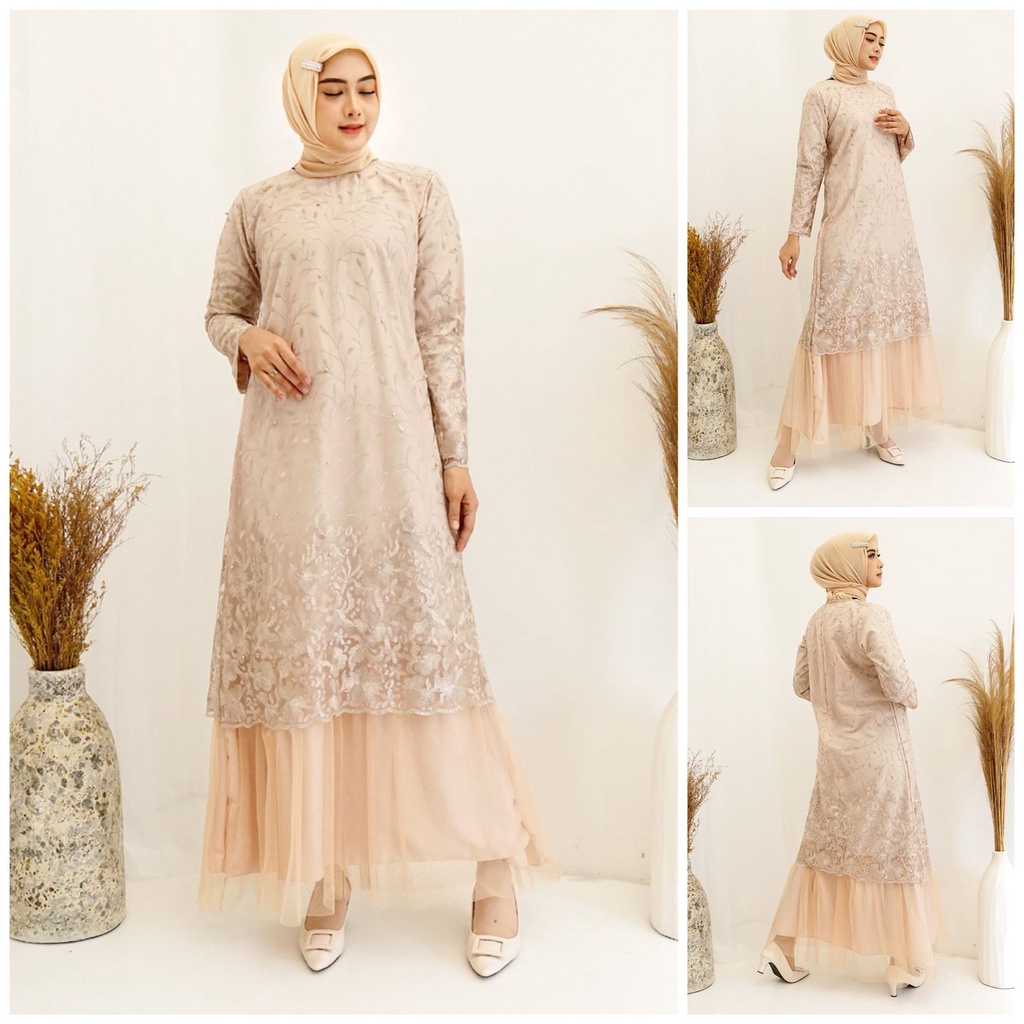 (Pasti RealPict) Gamis Arini FULL Tile Bordir Mutiara Glitter Brukat Tulle Brokat Maxi Dress Pesta