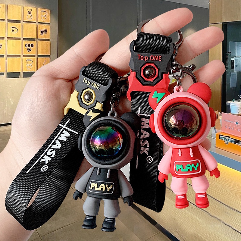 Kartun Petir Beruang Kecil Gantungan Kunci/Boneka Beruang Astronot Lucu Keyring Bag Pendant/Aksesoris Pesona Mobil Pasangan Kreatif