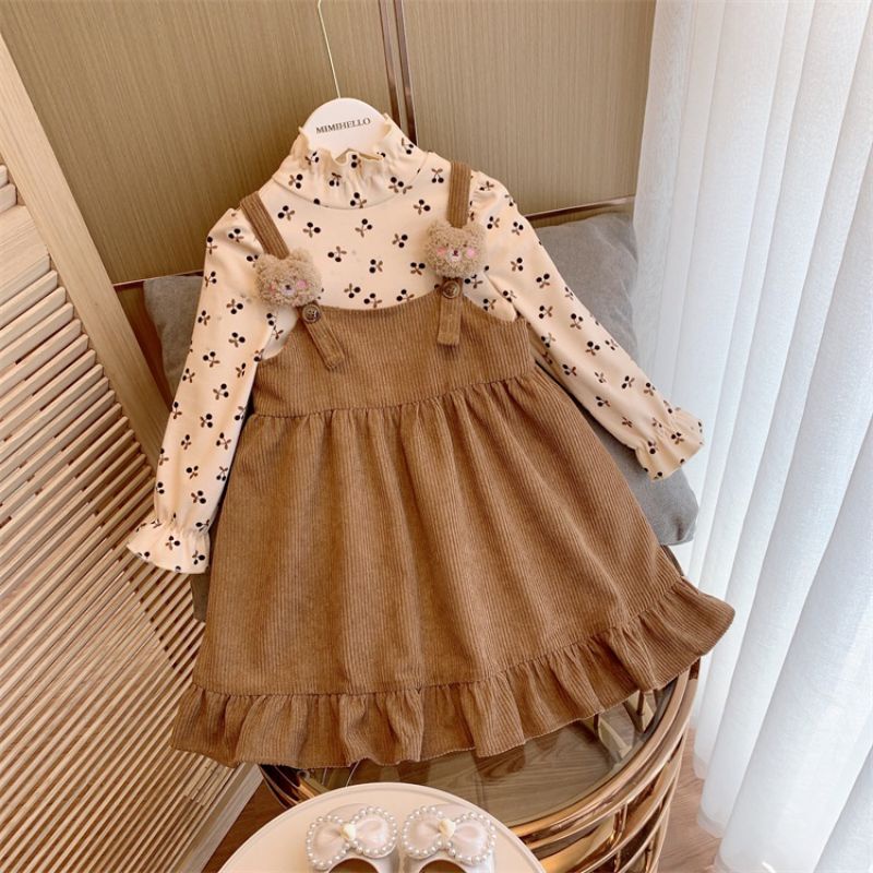 Dress anak perempuan 2in1 overall bludru import