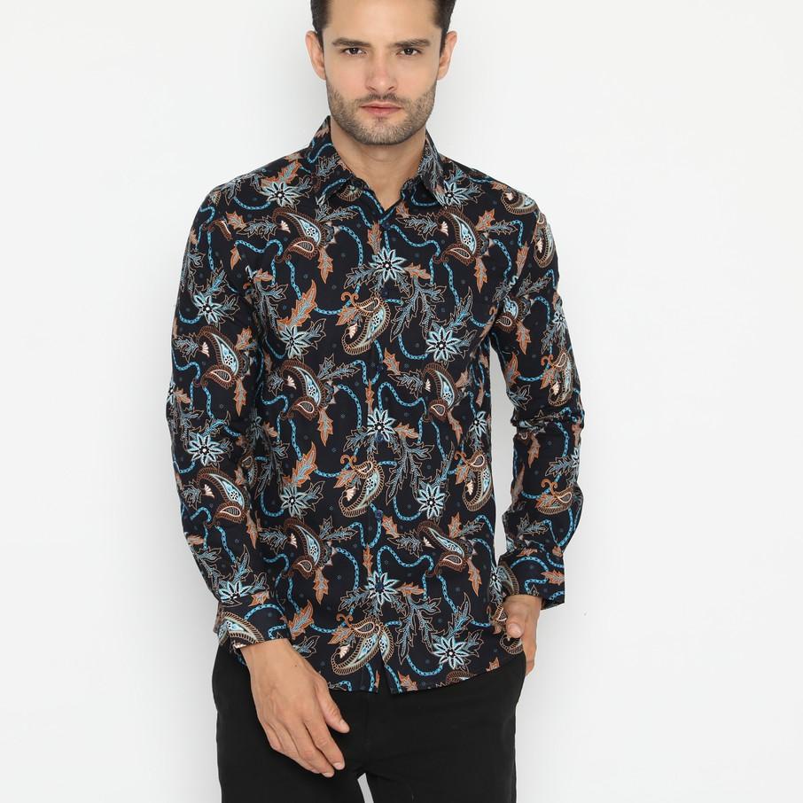 ➯ Platini Kemeja Batik Pria Lengan Panjang katun Navy  ➹