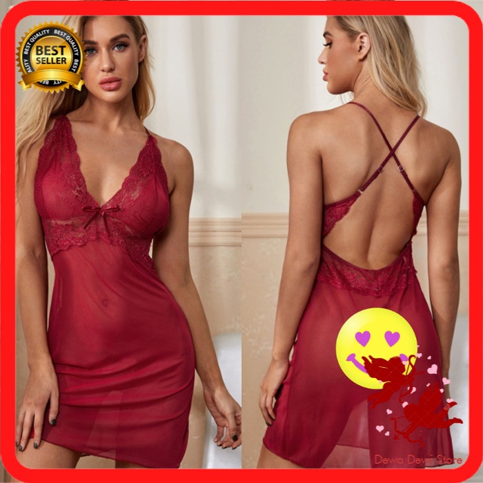 Baju Tidur Lingerie Wanita Babydoll Merah Sexy Transparan Tali Silang