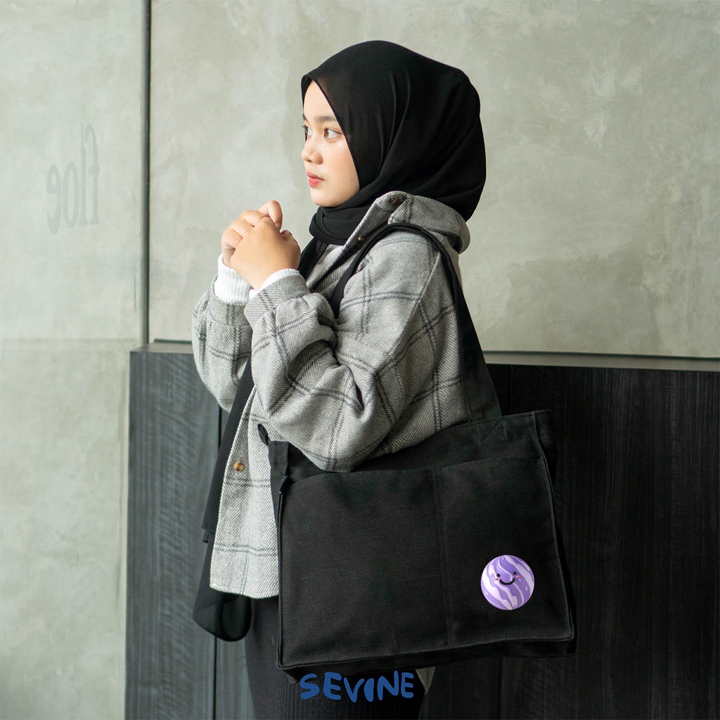 Sevine Totebag Kanvas Rebecca Tas Wanita Tote Bag Kuliah Sekolah Sekat Laptop Hitam Elegan Aesthetic - WO