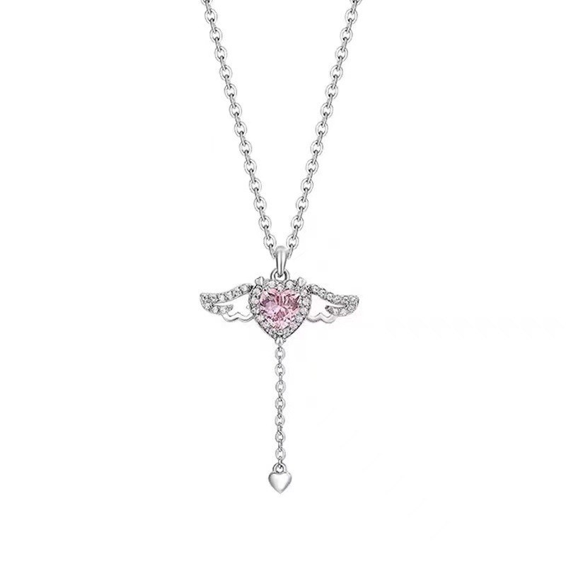 Korean Pink Zircon Heart Pendant Necklace for Women Moving Wings Silver Chain Choker Jewelry Accessories