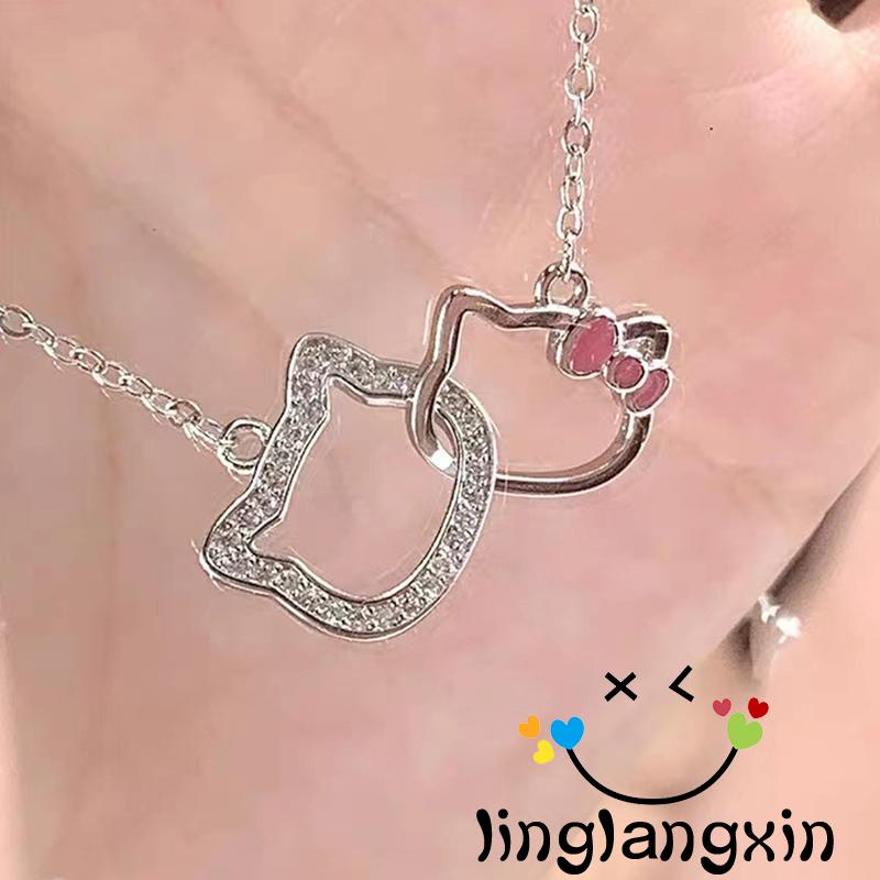 Llx-good Luck Lucu Interlocking Kitty Pendant Kalung Hadiah Keberuntungan Ulang Tahun Untuk Wanita Perempuan