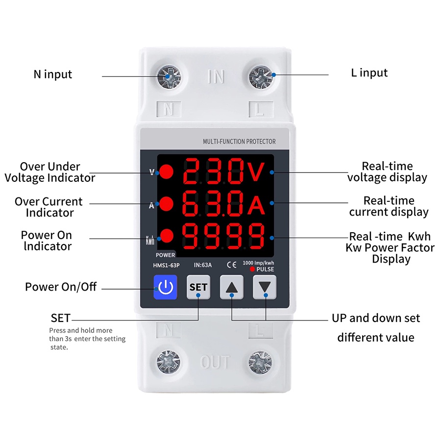 Din Rail Adjustable 3IN1 Over Under Voltage Current Protection 2P 63A 230V