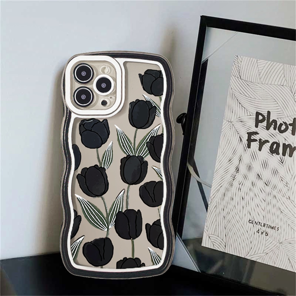 Soft Case OPPO A17 A57 2022 A16 A16K A15 A54 A12 A5S A7 A94 A93 A3S A11k A53 A31 A52 A92 A37 F9 A1K A76 A36 5F A9 2020 NFC Hitam Tulip Gelombang Pinggir Fasion TPU Silikon Phone Cover