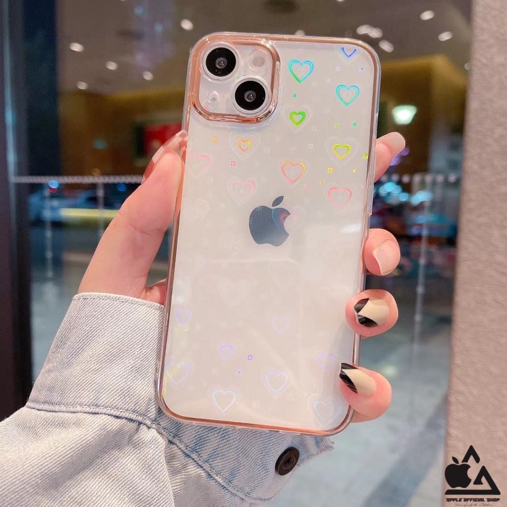 LUXURY SOFT CLEAR Goldy Love Hologram iPhone 14 PLUS 13 PRO MAX 12 PRO MAX XR 7 7+ 8 8+ SE 2 SE 3 List Chrome Krome Gold Laser Plating Softcase Soft Case Silikon Silicone Jelly Hardcase