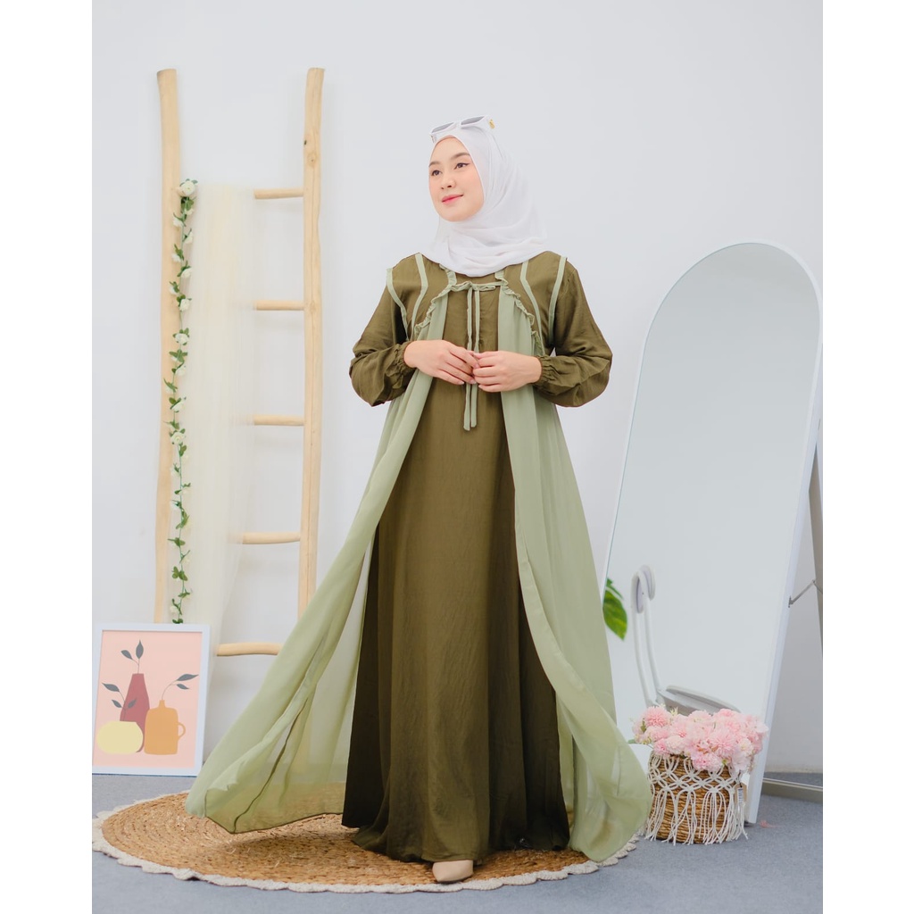 SONYA SET DRESS 2 1N 1 ( DRESS + OUTER ) - MAXI DRESS POLO LINEN ELEGANT - DRESS LEBARAN MEWAH