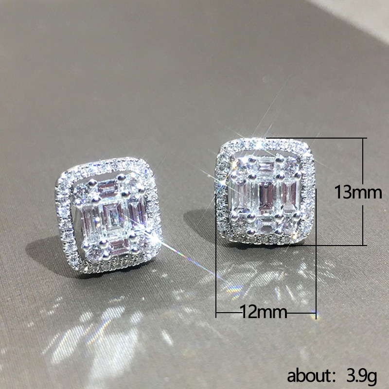 Perak Jarum Square Zircon Earrings Fashion Populer Anting Wanita