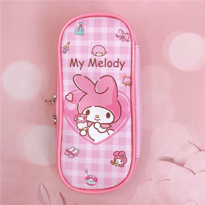 Melody Kuromi PU Kotak Alat Tulis Hello Kitty Cinnamoroll Pochacco Kartun Ritsleting Siswa Tas Pensil Tas Penyimpanan Kosmetik