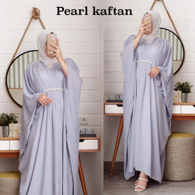 ALFAZZA STORE - kaftan lebaran - terbaru COD - TERMURAH  - Pearl Kaftan / Baju Dress Kaftan Terbaru 2023 Bahan Ceruty Babydoll Aplikasi Mutiara Dan Renda Full Puring / Pakaian Wanita Muslim / EF