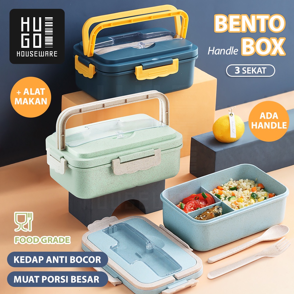 HUGO Lunchbox Jerami Kotak Bekal Makan Siang Tempat Makan 1200 ml Anti Tumpah Free Alat Makan