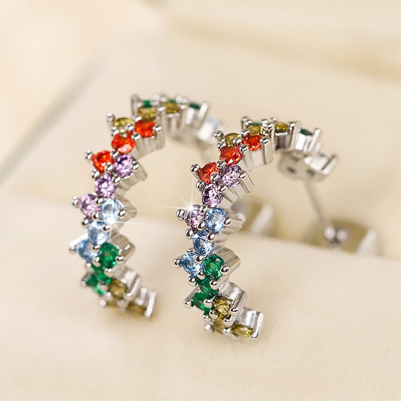 Fancy Rainbow Color Hoop Earrings Untuk Wanita Warna Perak Mempesona Cubic Zirconia Sederhana Bergaya Perempuan Anting Hadiah Fashion Perhiasan