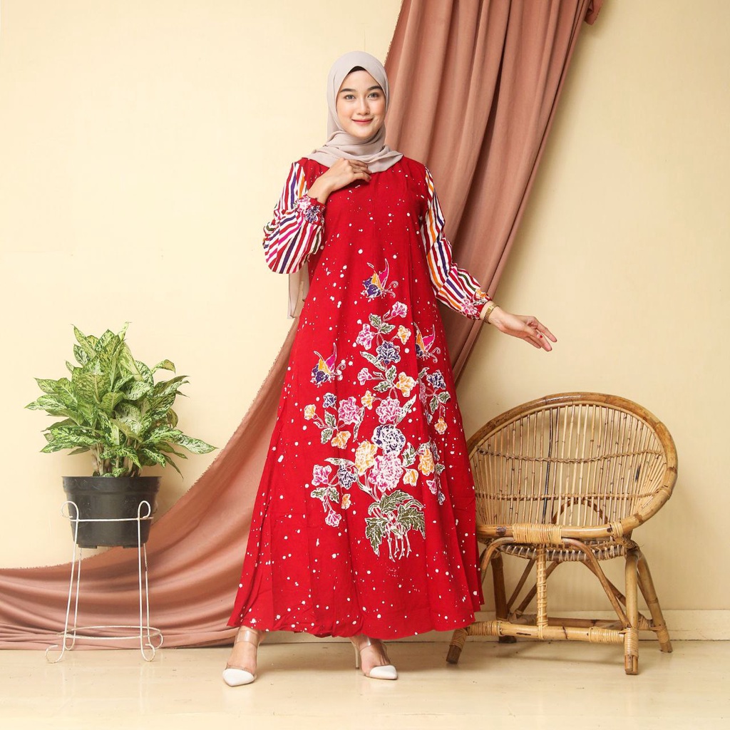 Gamis Long Dress Kekinian Batik Cap Pekalongan Baju Wanita Muslim Rayon Anggun