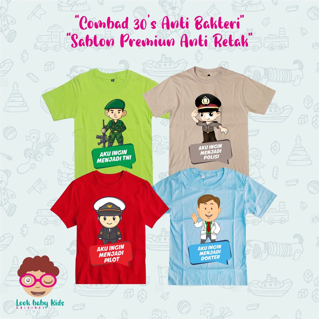 Baju Kaos Anak Laki Laki Profesi Polisi Dokter Pilot TNI Umur 1-11th Bahan Cotton Combad