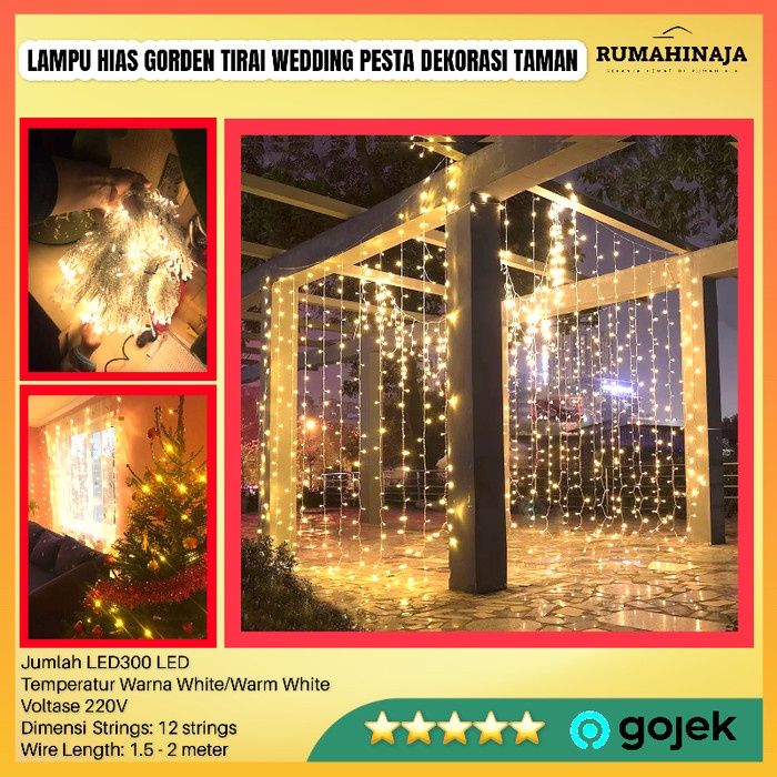 Lampu Tumblr Tirai LED 3x3 M Dekorasi Lampu Hias Natal Pesta Wedding - Putih/white