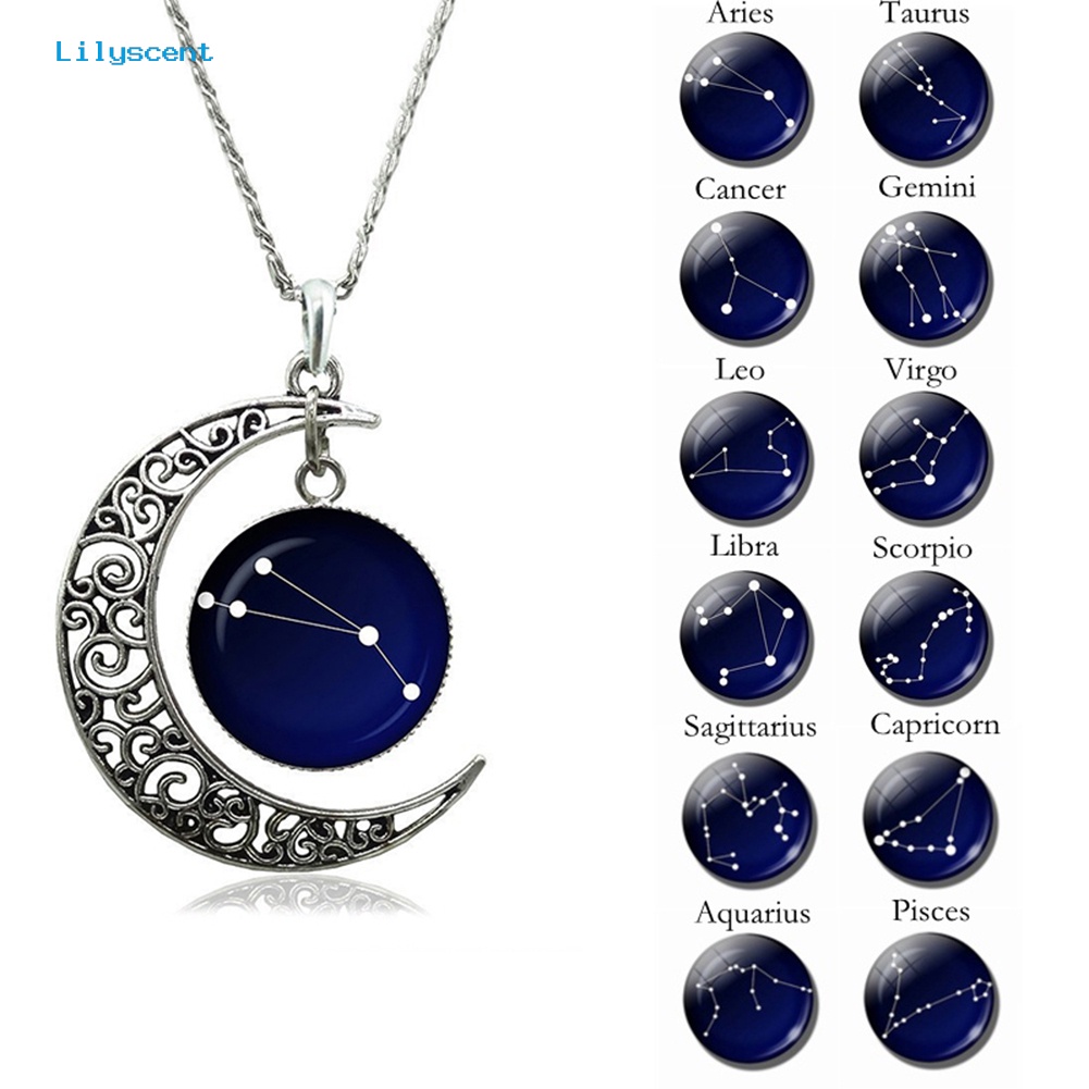 [LS] Tanda Astrologi Astrologi Hollow Bulan Kaca Cabochon Liontin Wanita Kalung