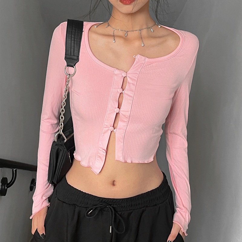 【AMY J】Round Neck  Long Sleeve Crop Top  7515