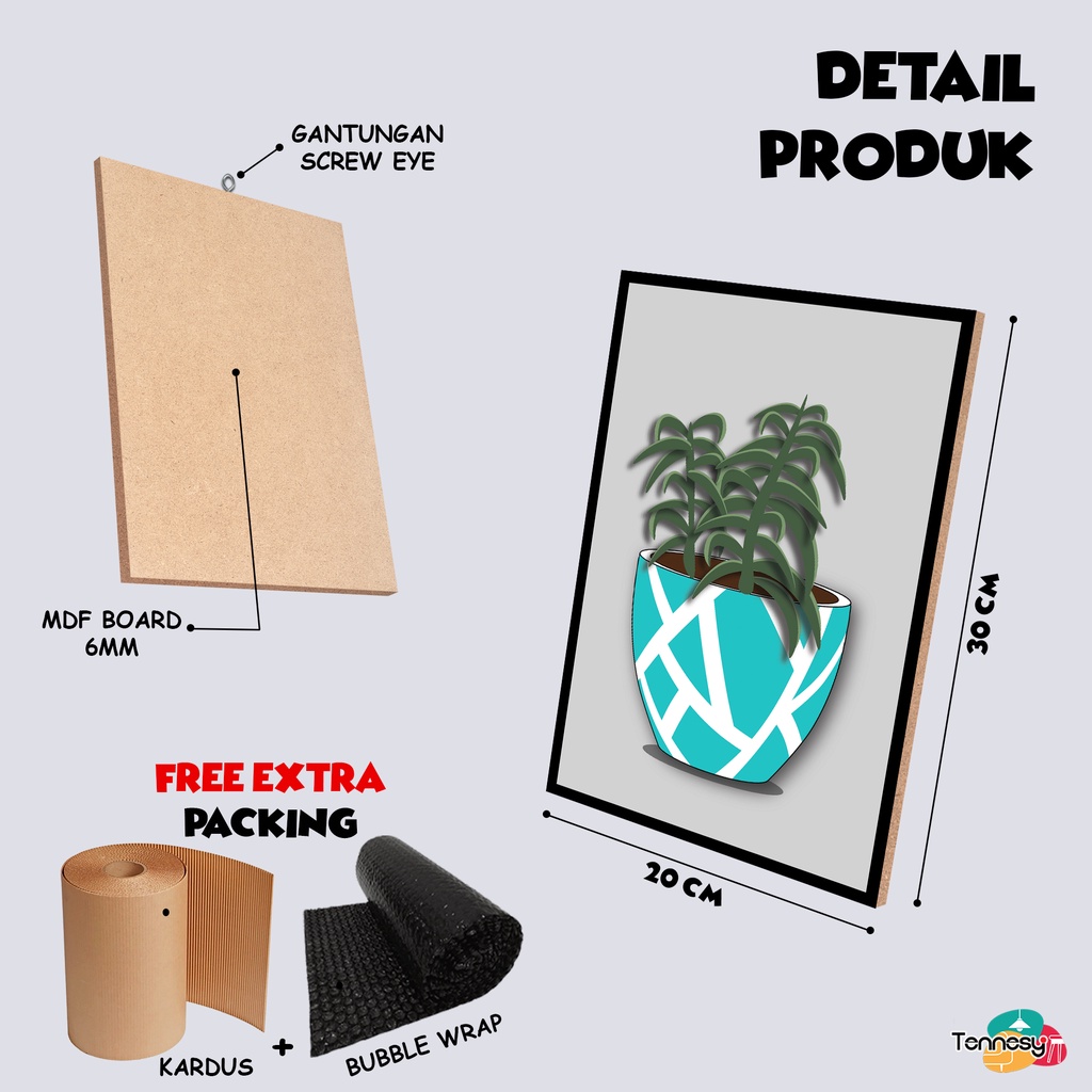 TENNESY Hiasan Dinding Bunga Pot Flower Vas 20x30cm Dekorasi Dinding Kamar Tidur Pajangan Kayu Poster Dekorasi Rumah