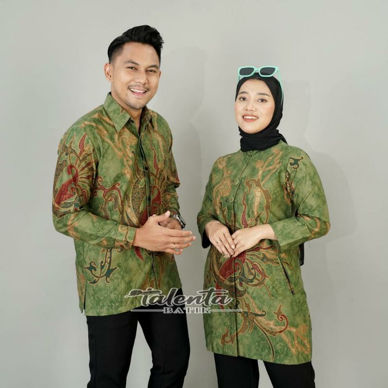 Batik couple sarimbit pria &amp; wanita batik bahan katun reguler abstrak hijau