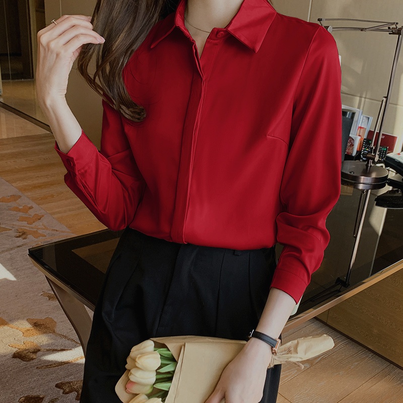 COD 2022 Red Purple Black White Grey Fashion Korea Style OL Work Shirts Lengan Panjang Blus Wanita Musim Panas Casual Blouse Warna Atasan kemeja wanita 2023