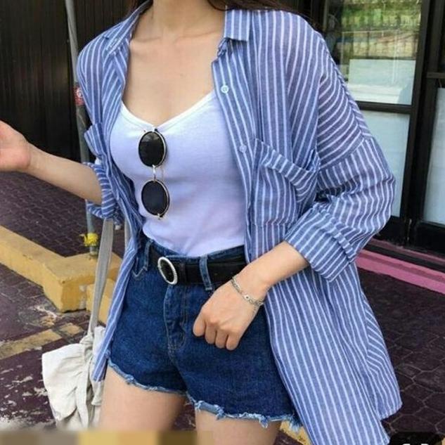 STOK TERBATAS Key - 0112 OUTER STRIPE Size XXL Oversize / Atasan Wanita Kemeja Oversize Katun Hijabe