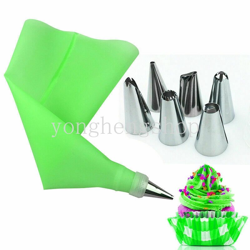 8pcs /set Silikon Cream Pastry Bag Stainless Steel Icing Piping Nozzle Pastry Tips Converter DIY Alat Dekorasi Kue Dapur Gadget