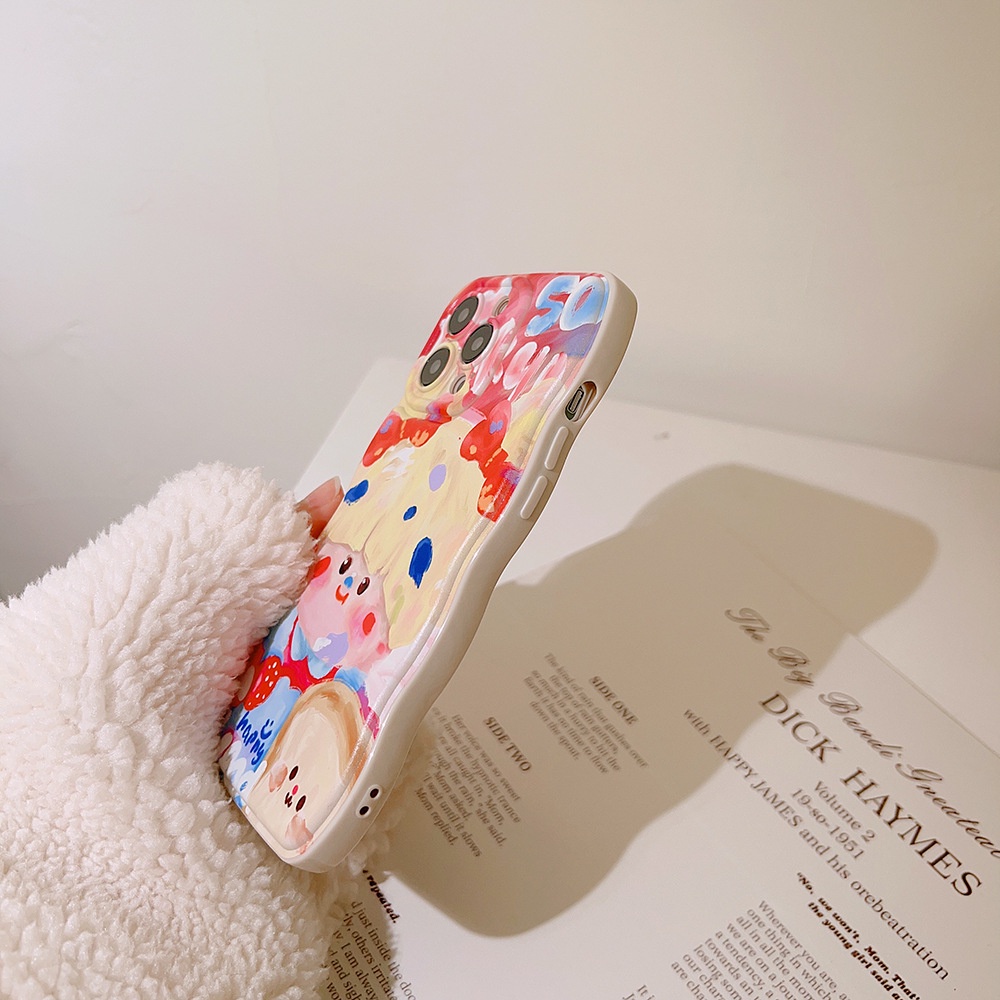 IPHONE Ins Gadis Lucu Lukisan Cat Minyak Kartun Soft Beige Case Untuk Iphone14 11 12 13 PRO MAX Casing Cover Pelindung AT0019