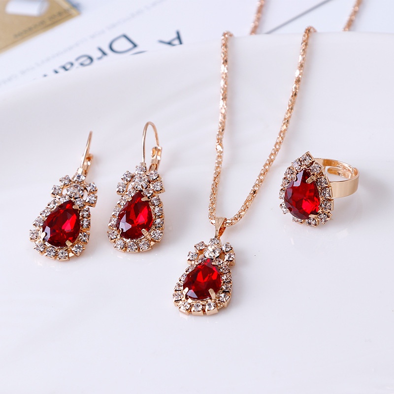 Set Kalung Anting Cincin Berlian Imitasi | Set Perhiasan Untuk Pengantin | Aksesoris Wanita | Aksesoris Bahan Stainless Steel