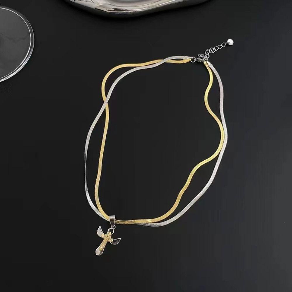 Agustina Pria Kalung Emas Trendy Sayap Hiphop Liontin Salib Keren Tembaga Gaya Korea Necklace
